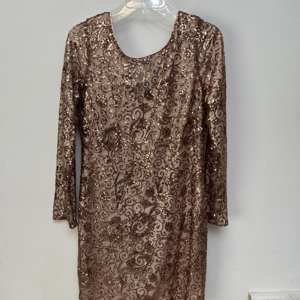 Jessica Simpson Woman's Bronze Sequined Round Neck Mini Dress, Long Sleeve Sz 14
